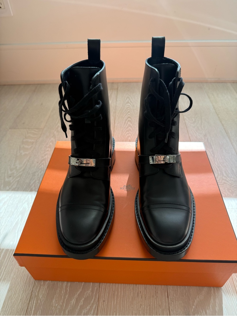 Hermes Black Leather Lace-Up Ankle Booties with Silver Buckle